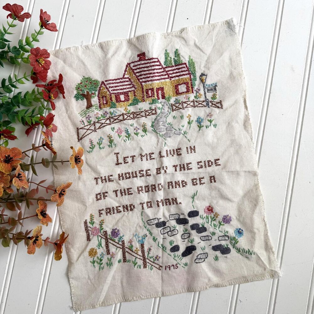 Vintage Cross Stitch Needlepoint Cottagecore Grannycore Cottage House Road 1975